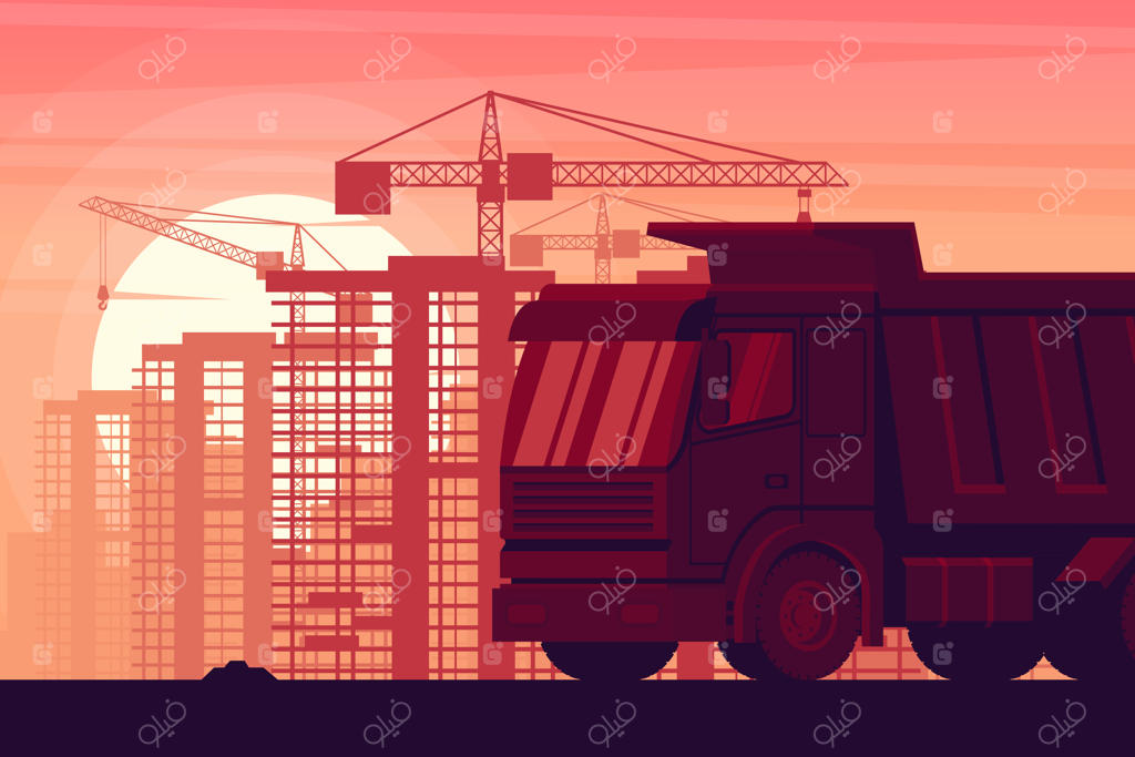زمینه‌ای با غروب خورشید و ماشین‌آلات سنگین و کامیون تخلیه بار بر فراز شهر و ساختمان‌های در حال ساخت