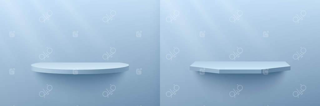 مجموعه‌ای از رندر سه‌بعدی انتزاعی با قفسه هندسی آبی روشن در صحنه‌ای با رنگ‌های پاستلی و مینیمال