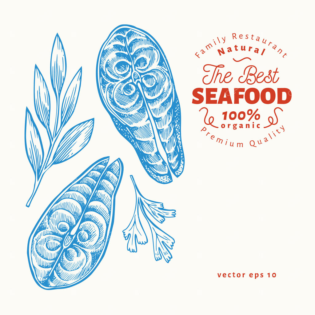 تصاویر استیک ماهی: نقاشی دستی از محصولات دریایی. سبک حکاکی شده و وکتوری. غذای نوستالژیک، تکه‌های سالمون یا قزل‌آلا.