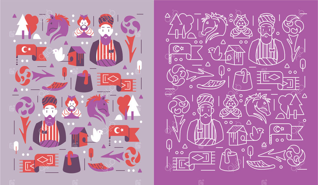 زمینه‌ای با رنگ بنفش و طرحی از مرد و زنی ترک.