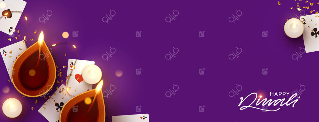 بنر جشنواره دیوالی؛ جشن دیپاوالی و فستیوال نورها، از اعیاد بزرگ مذهبی هندوهای هند. طرح واقع‌گرایانه چراغ روغنی سنتی، شمع و کارت بازی. تصویر وکتور.
