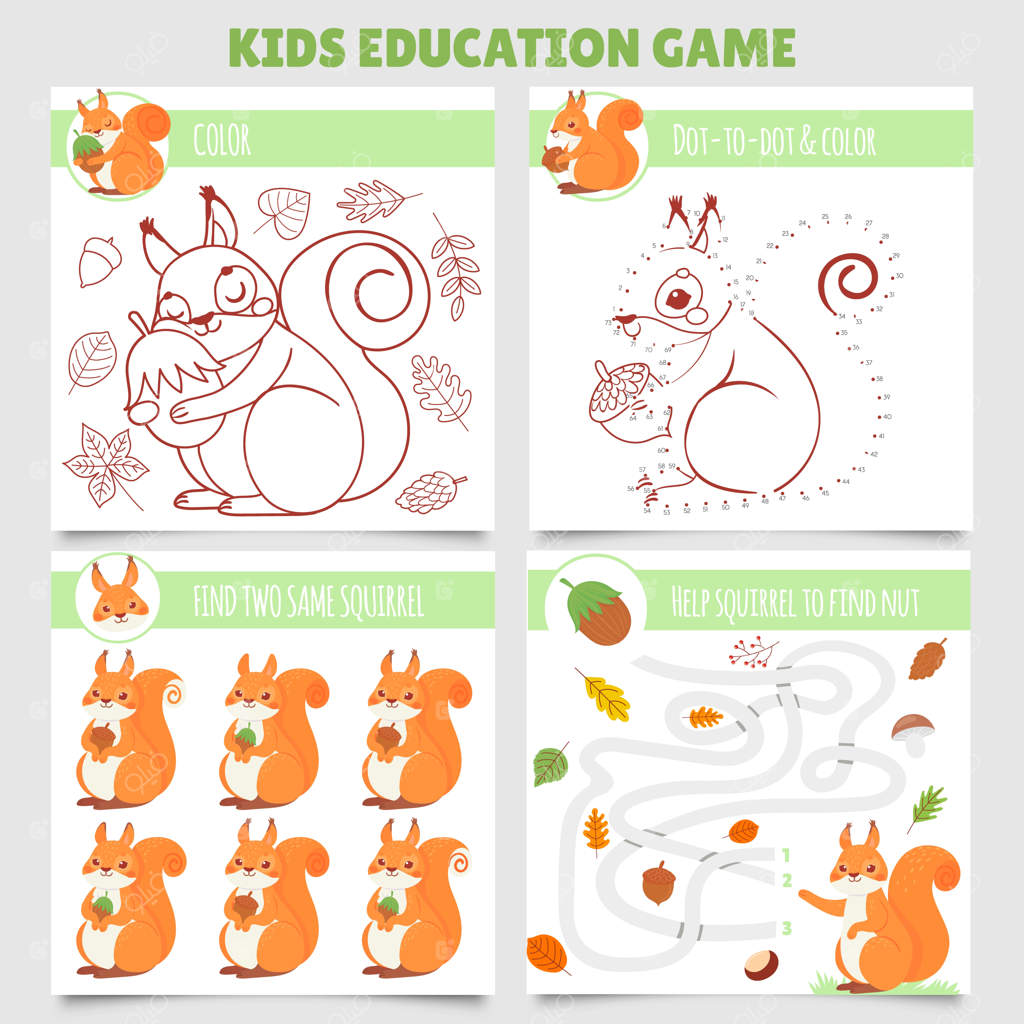 بازی‌های کودکانه با سنجاب کارتونی: پیدا کردن دو تصویر مشابه، ماز سنجاب و فندق، رنگ‌آمیزی و بازی نقطه به نقطه