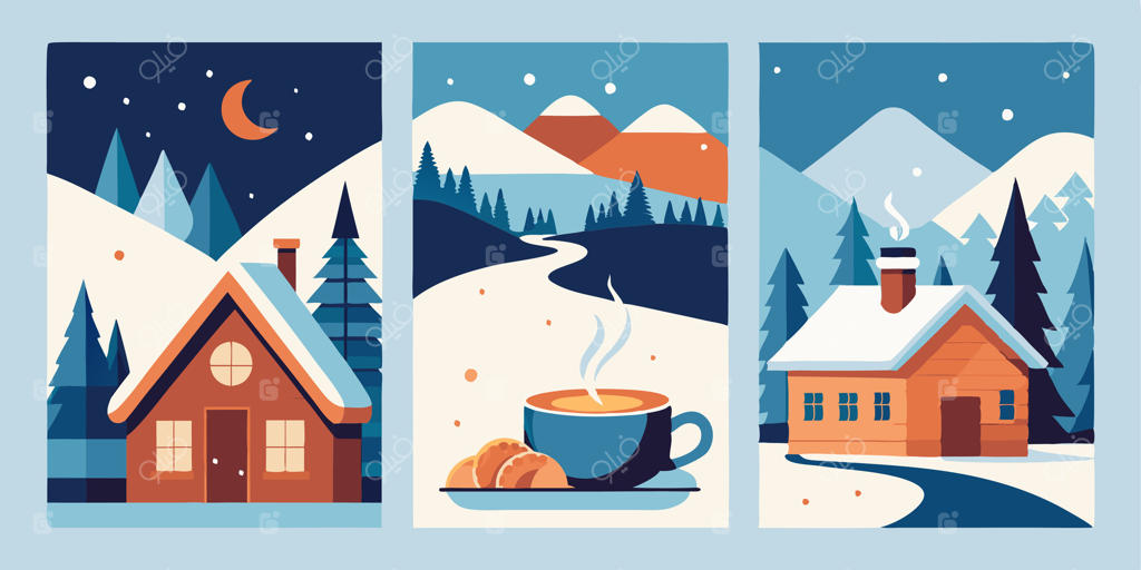 منظره زمستانی با خانه، قهوه و کوه‌ها - تصویر سازی