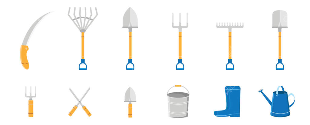 آیکون ابزار باغبانی: آب‌پاش، بیلچه، چنگک