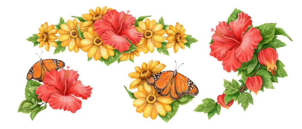 تصاویر زنده آبرنگی گل‌ها و پروانه‌ها