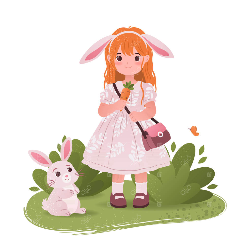 دختر بچه کارتونی بامزه با خرگوش در باغچه. تصویر فلت و ساده در پس‌زمینه سفید. عالی برای چاپ‌های کودکانه، پوسترها و کارت تبریک. شخصیت دخترانه با حیوان.