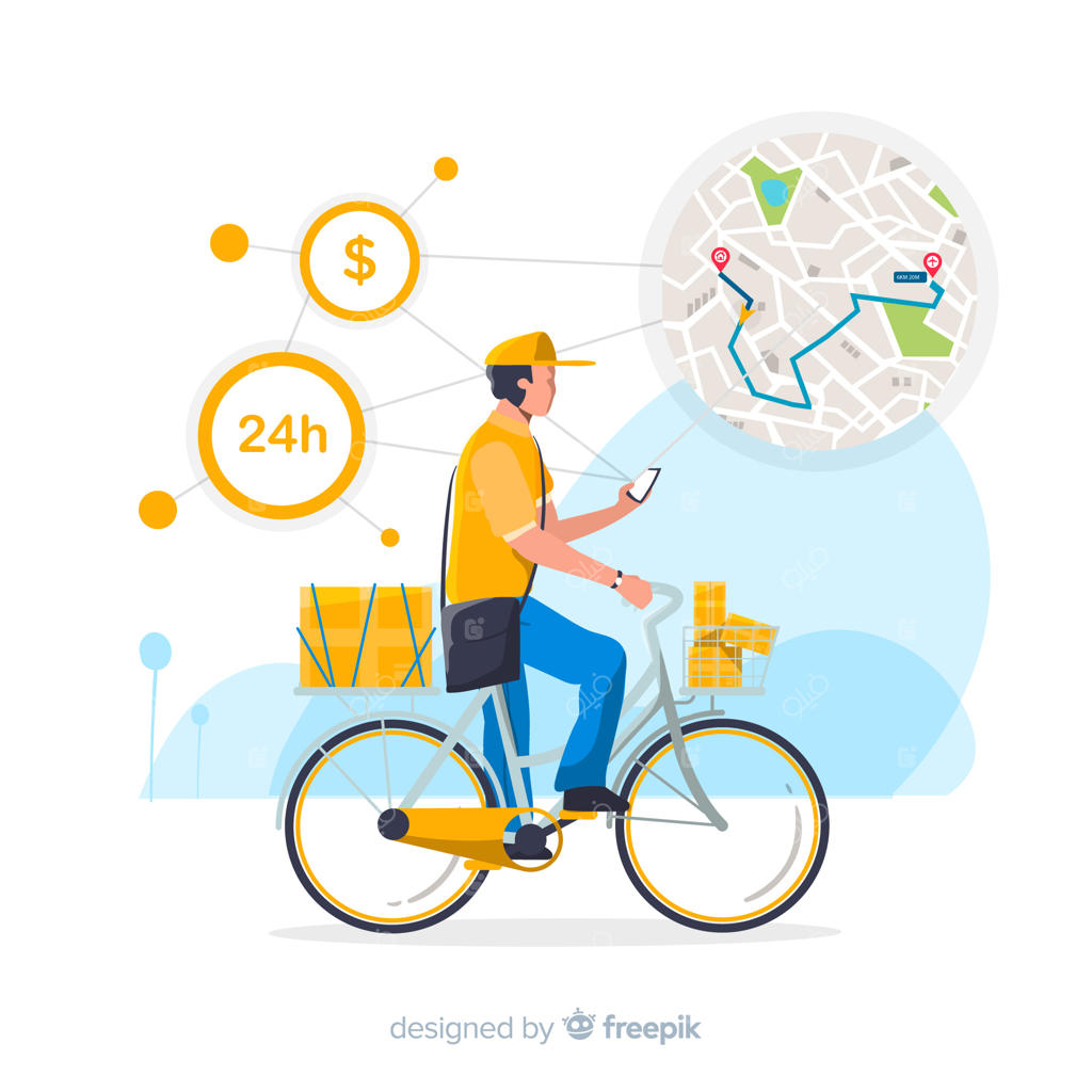 مفهوم پیک تحویل با دوچرخه و بسته‌ها