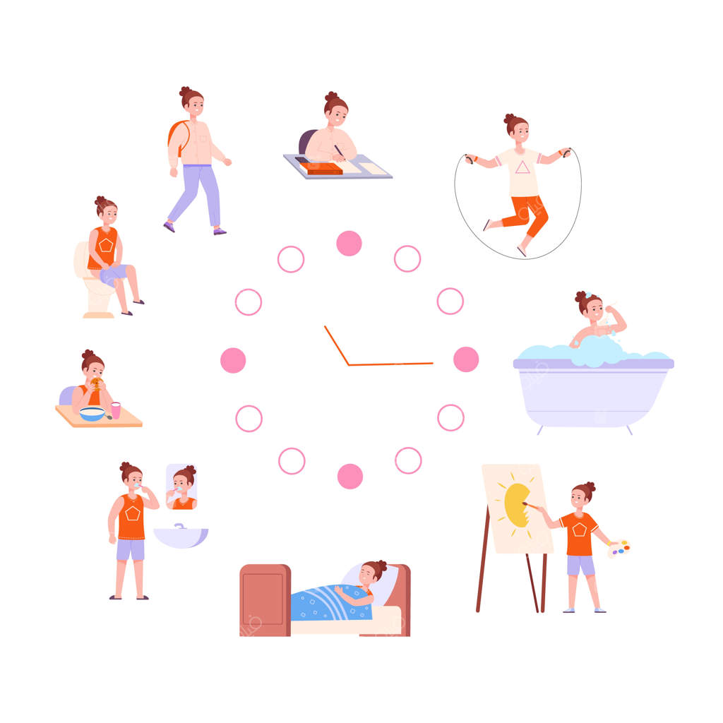 برنامه روزانه دختر بچه‌ها: فعالیت‌ها و روتین کودکانه، صبح‌ها، برنامه پیش‌دبستانی، شستشو و بهداشت، خوردن، حمام، توالت، ساعت روز و تصویرسازی وکتور