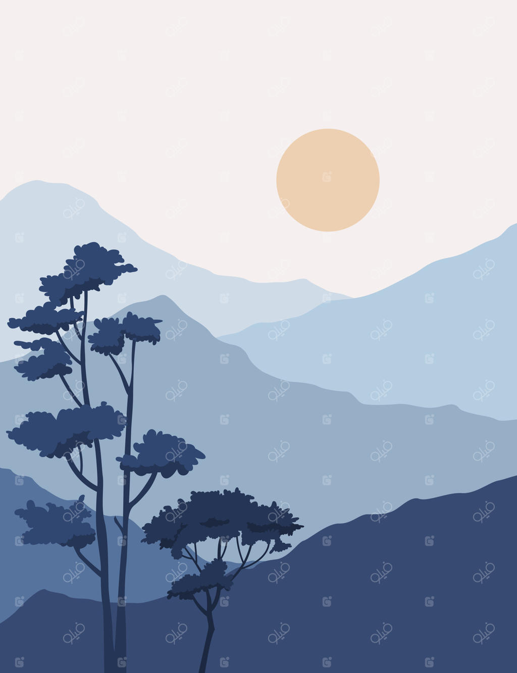 پس‌زمینه منظره و وکتور تابلو دیواری؛ طراحی خطی شاخ و برگ با اشکال انتزاعی