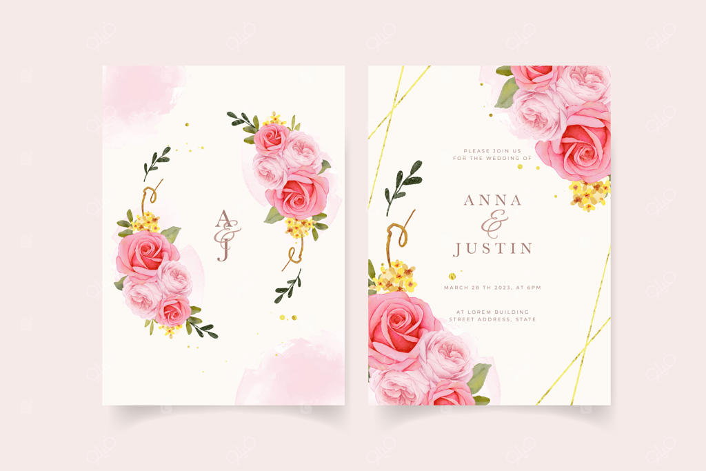 دعوت‌نامه عروسی با طراحی گل رز قرمز، سوسن و آلاله آبرنگی