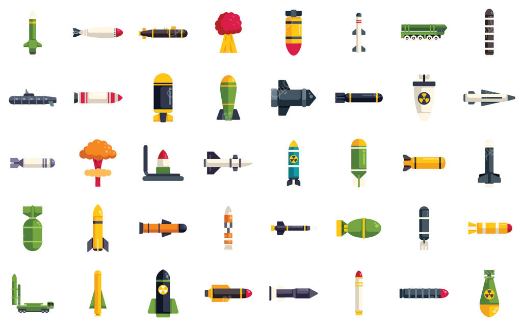 موشک‌ها و بمب‌های نظامی نمایانگر تهدید جنگ هسته‌ای با راکت‌ها و انفجارها در سبک طراحی تخت