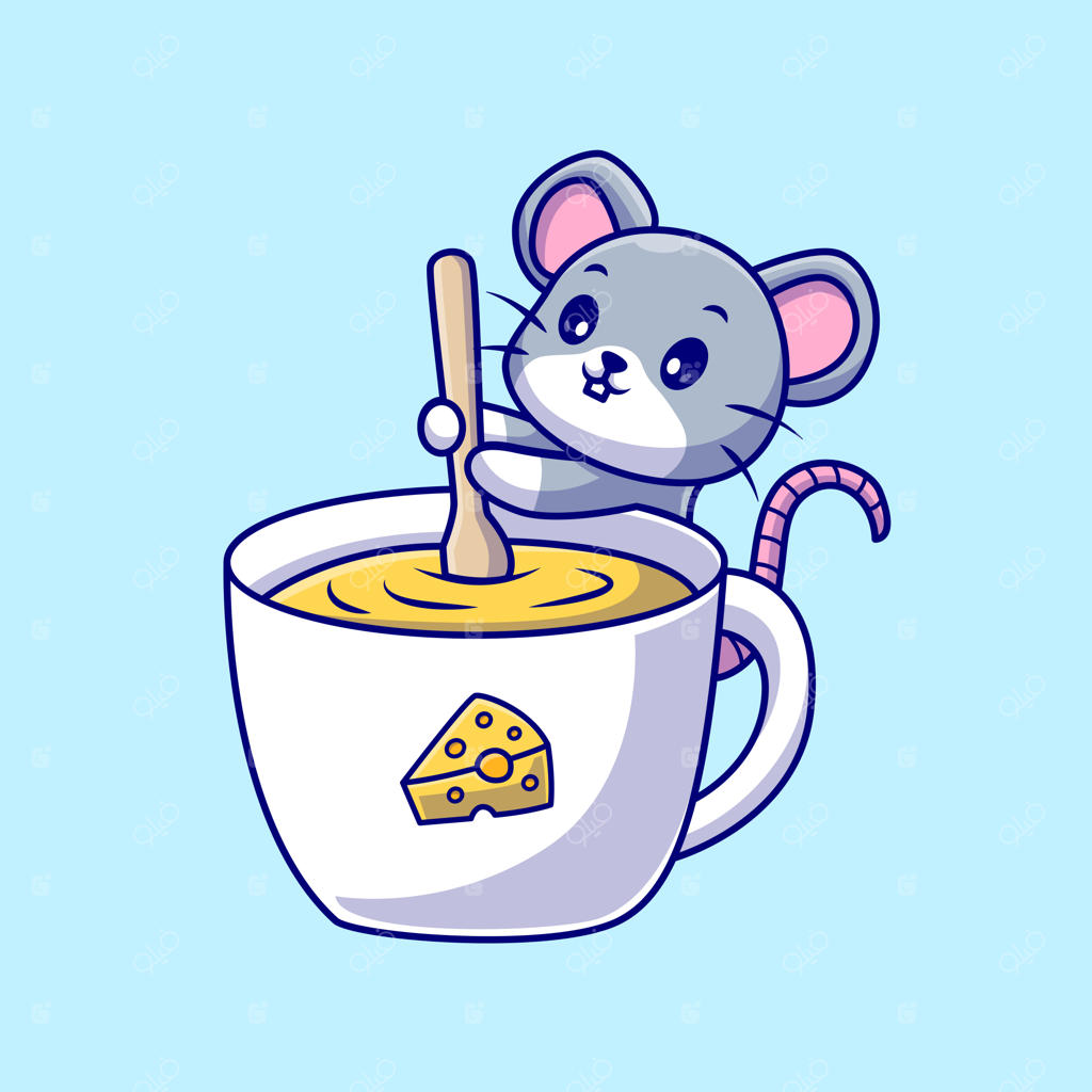 موش بامزه در حال مخلوط کردن پنیر در فنجان - تصویر وکتور کارتونی. مفهوم آیکون نوشیدنی حیوانات به صورت مجزا