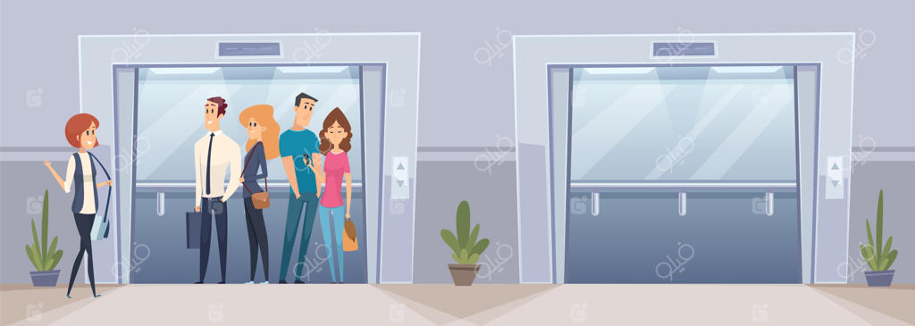 تجار در آسانسور. آسانسورهای باز و بسته در ساختمان اداری. همکاران خوش‌آمدگویی می‌کنند، مدیران خوشحال به سر کار می‌روند. تصویرسازی وکتوری: آسانسور اداری، جابجایی داخلی آسانسور