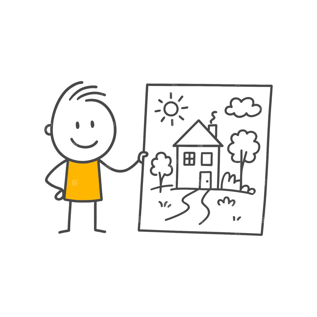 طراحی دستی و صمیمانه از منظره؛ شخصیتی خندان که با اشتیاق نمای خانه‌ای آفتابی را نشان می‌دهد.