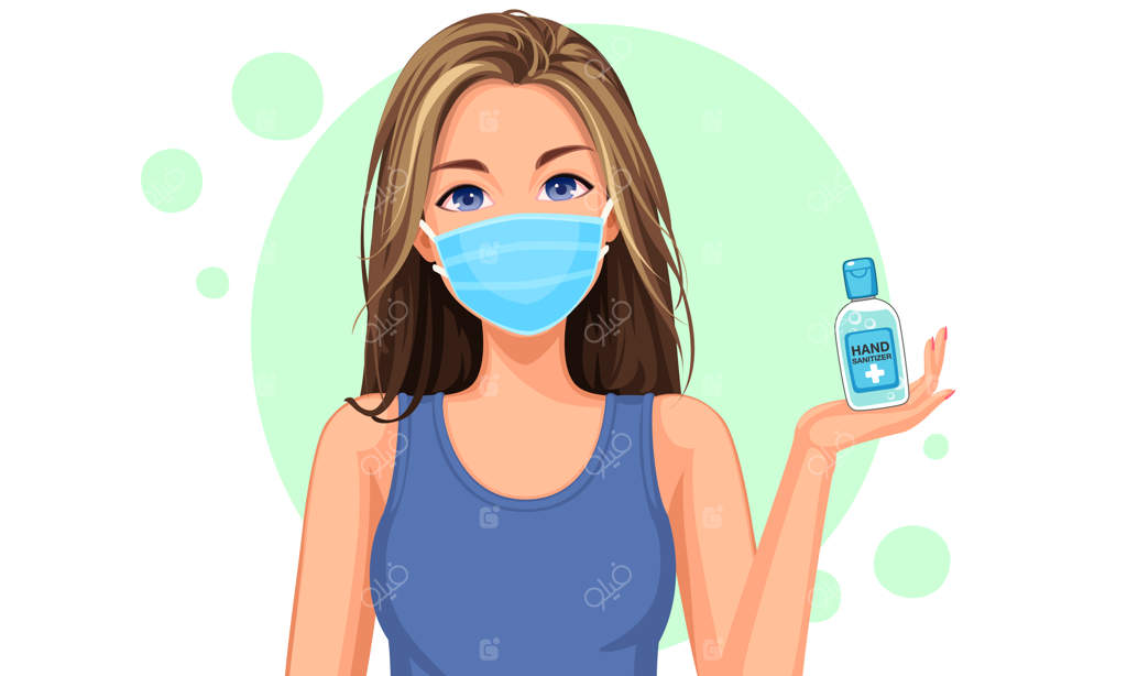 تصویر دختر نوجوان زیبا با ماسک و بطری ضدعفونی‌کننده