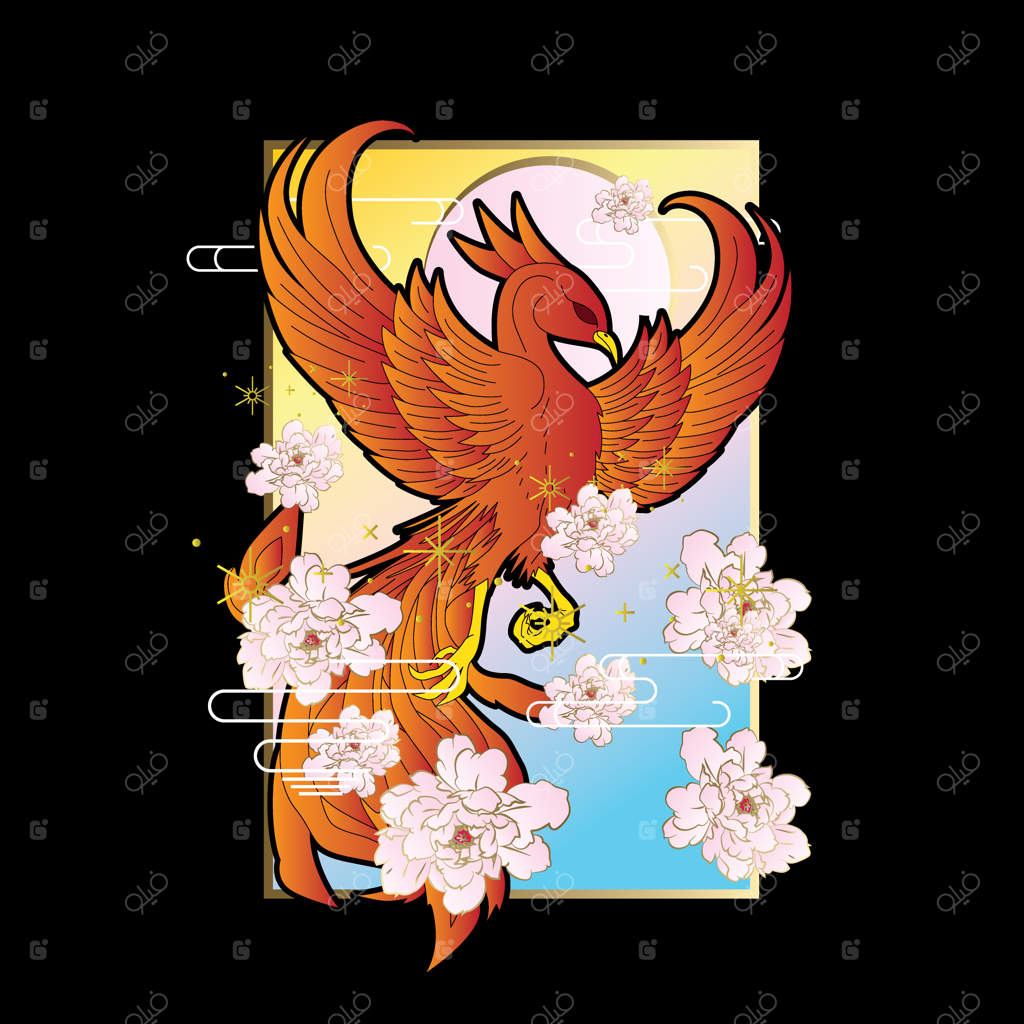 تصویر ققنوس با پس‌زمینه‌ای به سبک ژاپنی