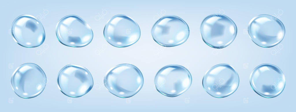 آیکون‌های واقع‌گرایانه حباب‌های مولکولی: دسته‌بندی اجسام سه‌بعدی خواص مغذی کلاژن‌ها برای پوست با پس‌زمینه آبی