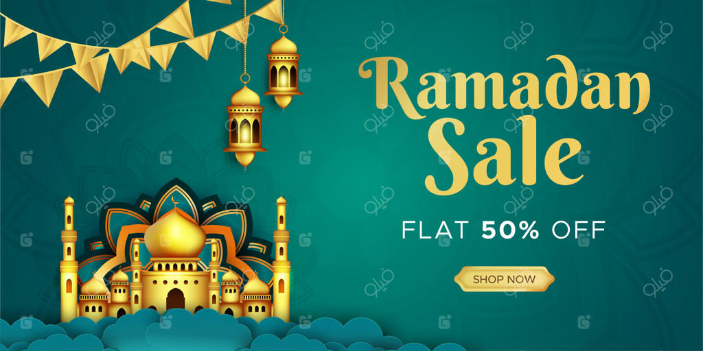قالب بنر و هدر وب‌سایت فروش ویژه رمضان کریم با فانوس‌های آویزان و پرنقش‌ونگار