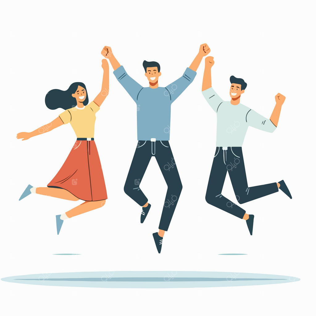 تصویر کارتونی هم‌تیمی‌های جوان و هیجان‌زده در حال پریدن از خوشحالی به سبک طراحی تخت