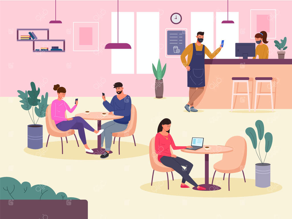 استفاده مردم از گوشی در رستوران: مشتریان با تلفن یا لپتاپ در کافه شهر. پیشخدمت با ماسک در کنار بار و قهوه روی میز. تصویر زنده و روشن.