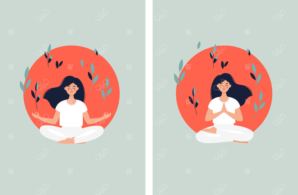 زن سبزه در حال مدیتیشن به حالت نیلوفر در پس‌زمینه آفتاب و برگ‌ها