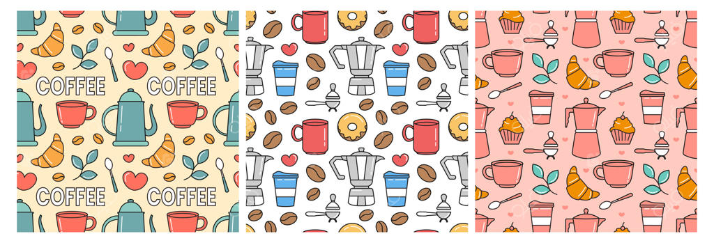 طرح یکپارچه زمان قهوه با لوبیاهای کاکائو، دانه‌ها و پارچ در نقاشی کارتونی جذاب