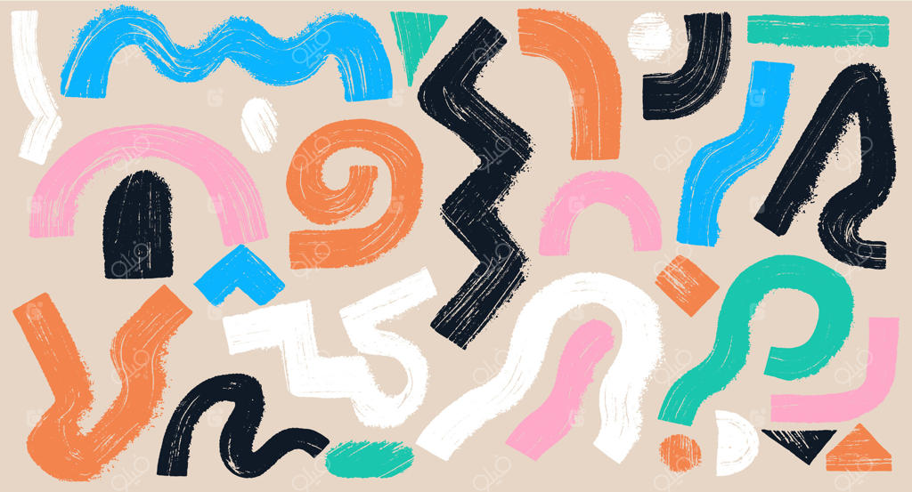 مجموعه‌ای از اشکال درشت، فلش‌ها، ستاره‌ها، دایره‌ها با قلم‌مو. خطوط ضخیم و پیچ در پیچ برای بنر، چاپ یا کلاژ. قالبی با سبک زبر و رنگارنگ از نمادها و اشکال.