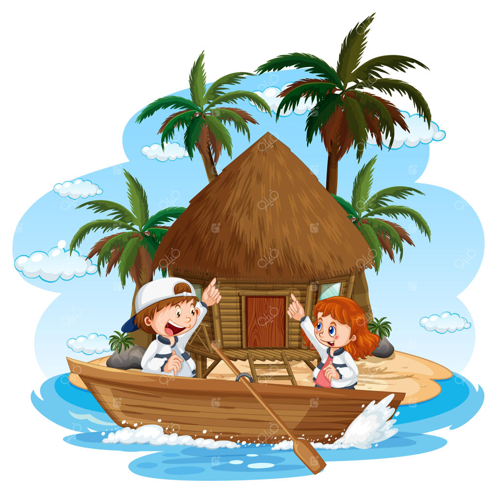 بنگالو روی جزیره با کودکان در قایق چوبی