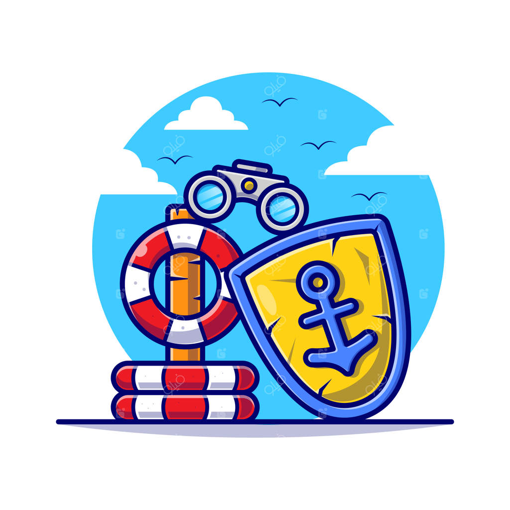 شناور با دوربین دوچشمی و لنگر برای ایمنی در تابستان - تصویر کارتونی.