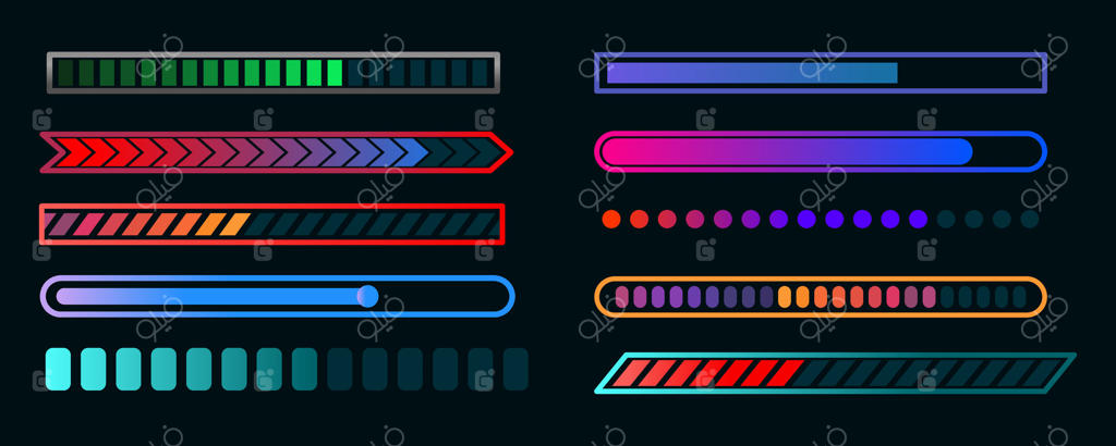 نمادهای پیشرفت یا نوار وضعیت بارگیری. رابط دیجیتال پیشرفته با نوارهای دایره‌ای از فرآیند دانلود، بارگذاری داده‌ها، نمودار درصد بارگیری، وکتور آینده‌نگر
