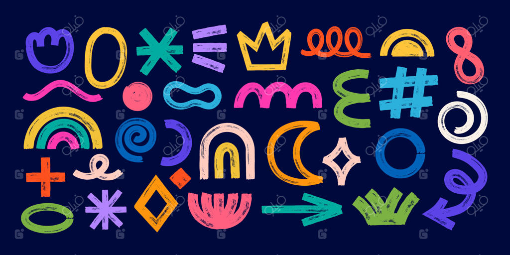 اشکال انتزاعی زبر و خشن. اشکال و عناصر دستی رنگارنگ و ساده. فلش، دایره، خط، ستاره و نمادهای هندسی نقاشی شده با دست. بافت دانه‌دار. مجموعه