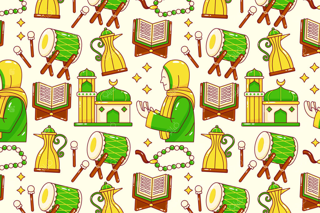 رمضان کریم: نمازگزاران، درختان نخل، طبل‌ها، قوری‌ها، چراغ‌ها، مساجد و نقوش ماه