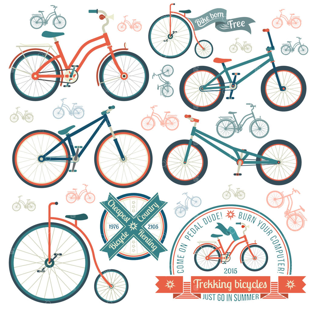 انواع مختلف دوچرخه. لوگوی وینتج با طرح دوچرخه.