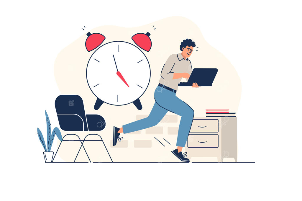 مفهوم ضرب‌الاجل در طراحی تخت با صحنه‌ای از مرد نگران در عجله برای اتمام کارها