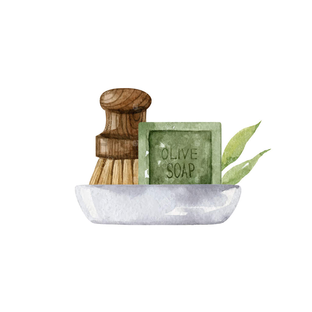 تصویر وکتور: صابون زیتون ارگانیک و برس ظرفشویی چوبی قابل استفاده مجدد روی بشقاب سرامیکی