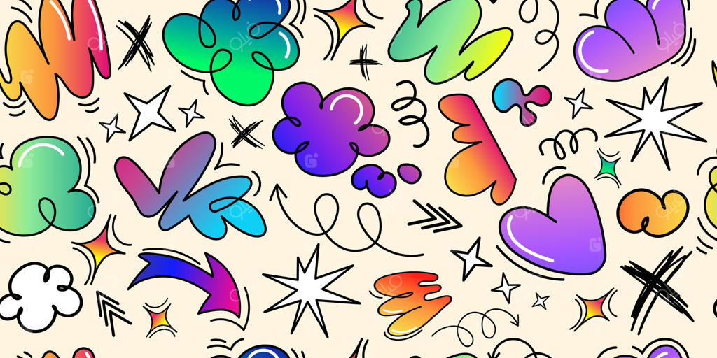 طرح بدون درز با دو دل نقش‌های ی2ک: المان‌های کارتونی بازیگوش، قلب‌ها، فلش‌ها، ستاره‌ها، اشکال گرادیان انتزاعی برای منسوجات، کاغذ دیواری، بسته‌بندی و پس‌زمینه‌های دیجیتال. طراحی گرافیکی