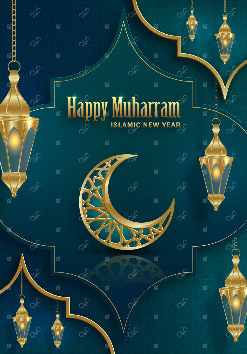 تبریک ماه محرم و سال نوی اسلامی با طراحی جدید هجری با پترن طلایی روی پس‌زمینه رنگی