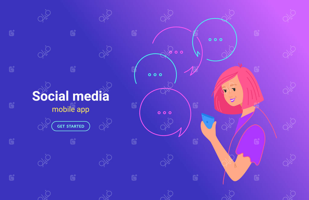 تصویرسازی دختر نوجوان در حال استفاده از اپلیکیشن موبایل. دختر جوان با گوشی هوشمند در حال ارسال پیام در شبکه‌های اجتماعی. دختری خندان در پس‌زمینه‌ای گرادیانی