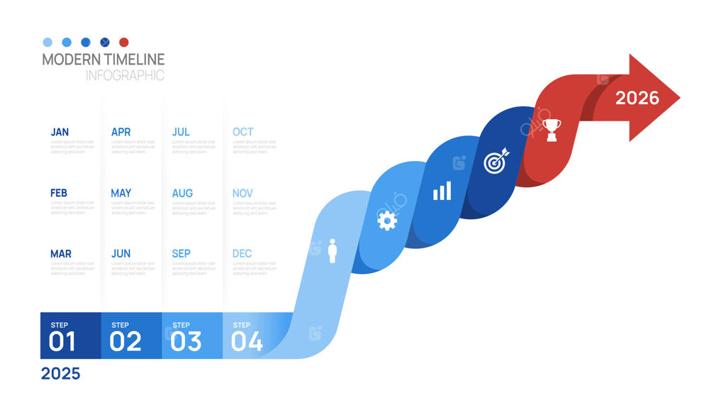 الگوی اینفوگرافیک پیکان مراحل کسب و کار. عنصر نمودار زمانی تقویم
