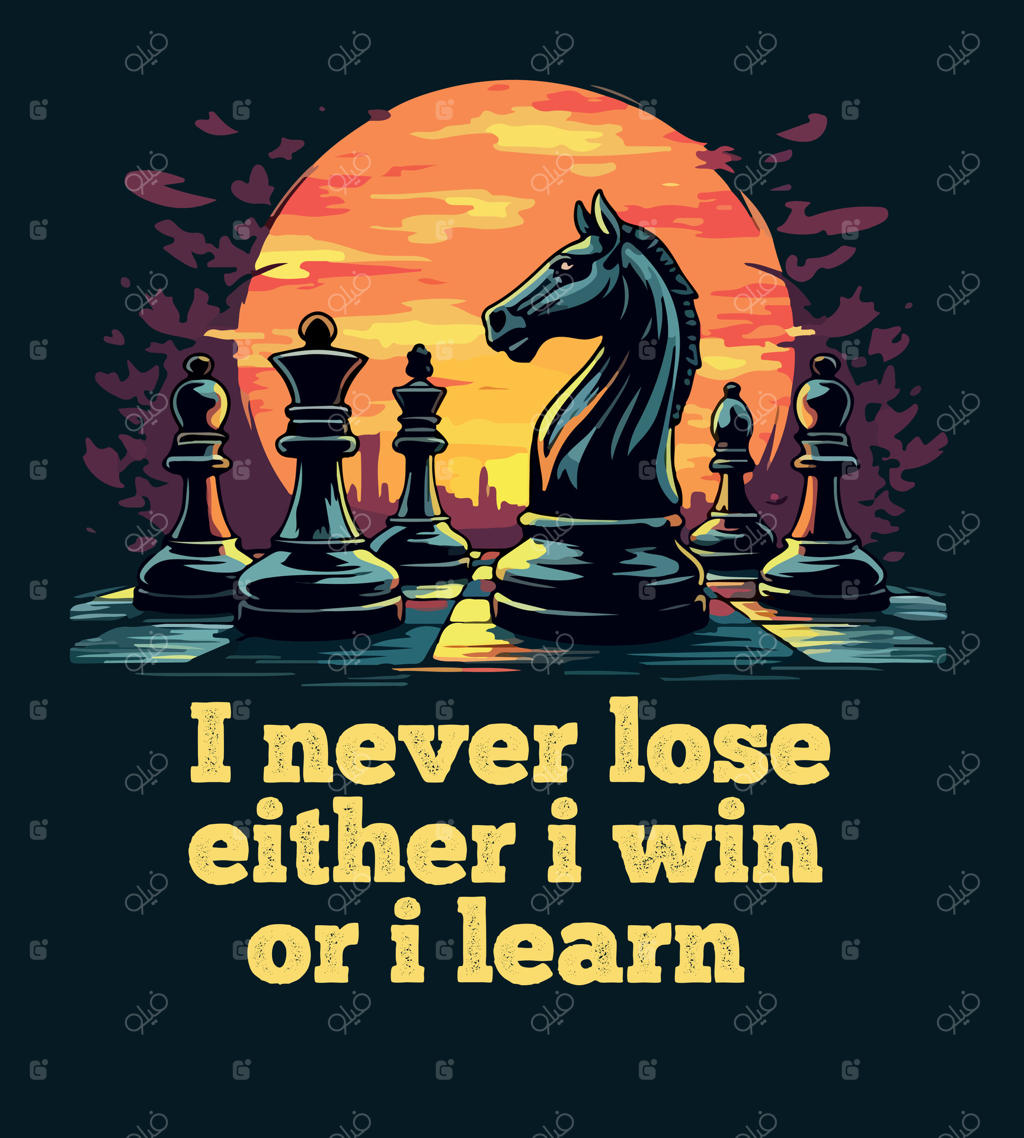 تصویر سیاه و نارنجی اسب با نوشته‌ی انگیزشی «من هرگز نمی‌بازم، یا می‌برم یا یاد می‌گیرم»