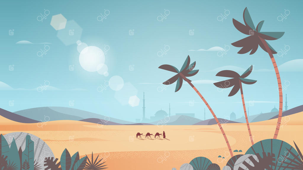 کاروان شترها در بیابان - کارت تبریک عید مبارک - قالب رمضان کریم - تصویر افقی منظره عربی