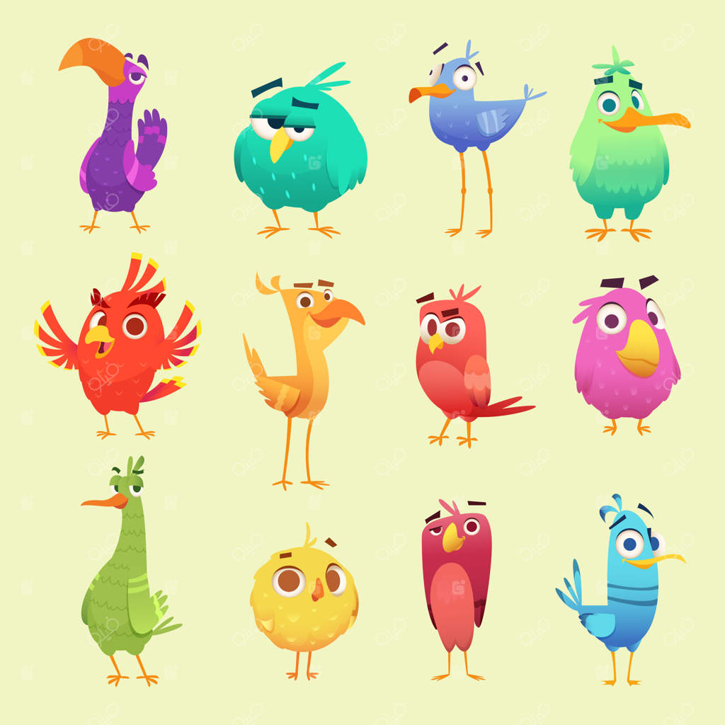 پرندگان کارتونی بامزه: جغدهای دایره‌ای خنده‌دار و حیوانات شاد با ایموجی. شخصیت‌های وکتوری، جغد با حالت‌های مختلف، ایموجی جغد عقاب، تصویرسازی نماد شاد.