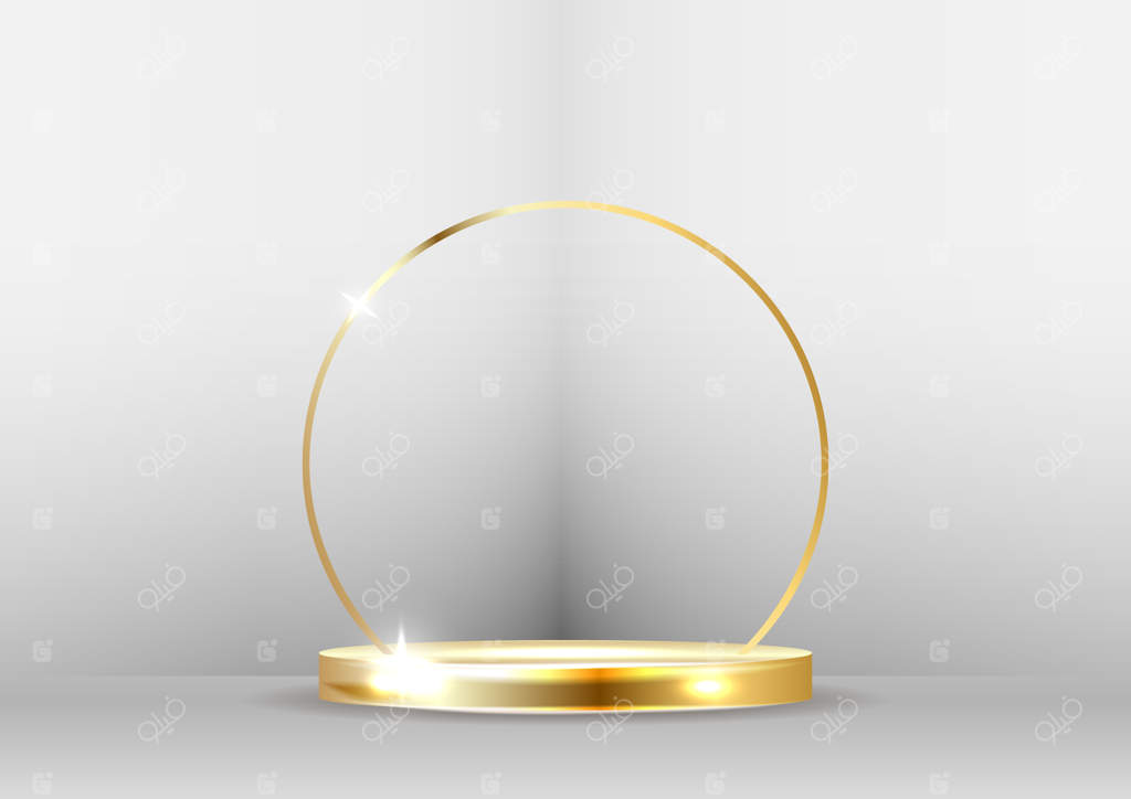 سکو طلایی با نورپردازی و پس‌زمینه محو روی زمینه سفید.