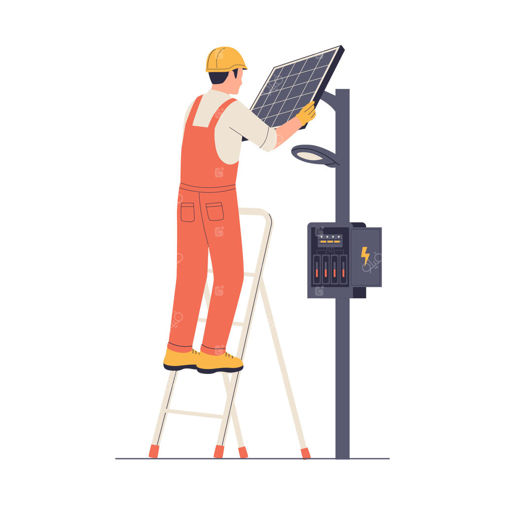 نصب صفحه خورشیدی بر روی چراغ خیابان توسط برق‌کار