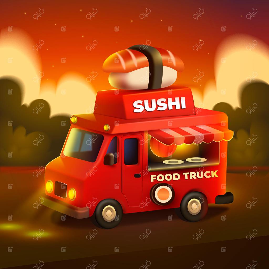 کامیون غذای کارتونی سوشی با نگیری در بالا