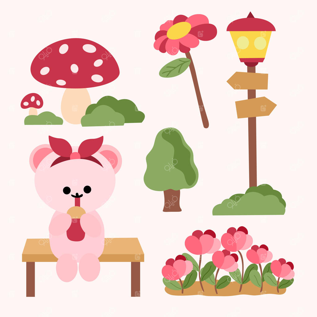 مجموعه‌ای از گل‌ها و یک خرس در باغ.