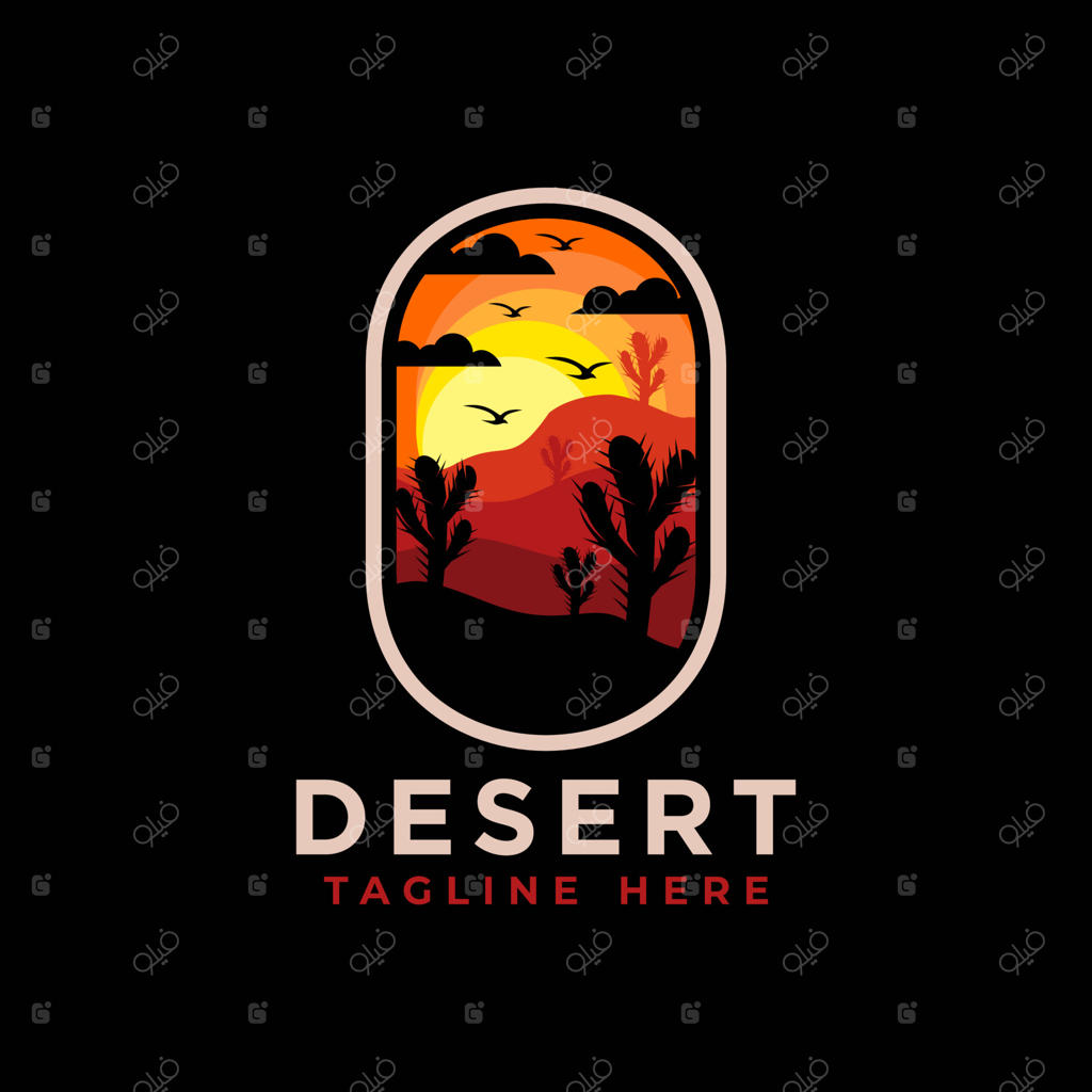 قالب طراحی لوگوی بیابان با غروب آفتاب و سایه شتری. تصویر وکتور