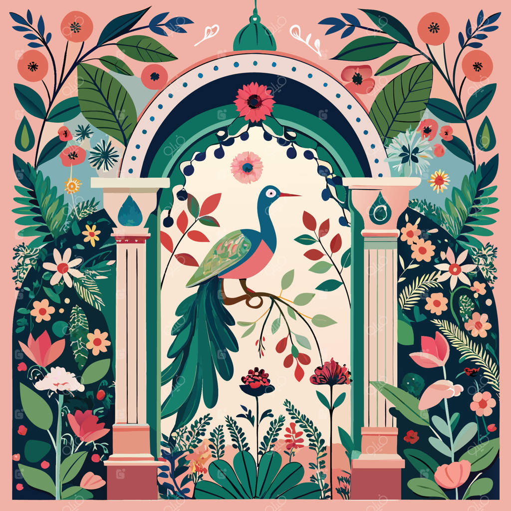 گیاه و پرنده طاووس، زینت‌بخش راهرو باغ دل‌فریب