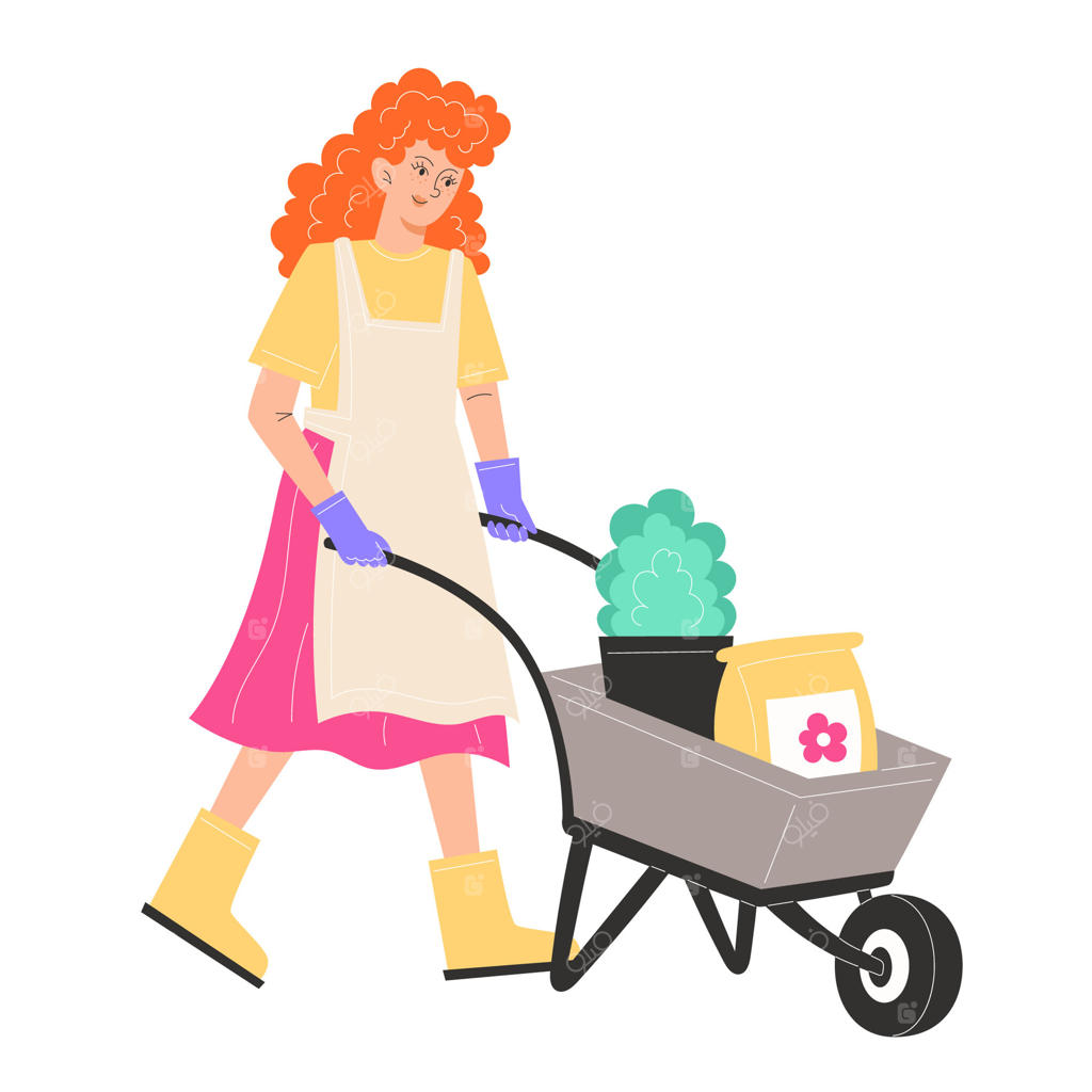 زن جوانی با لباس باغبانی در حال حمل چرخ‌دستی پر از گلدان‌ و کود است