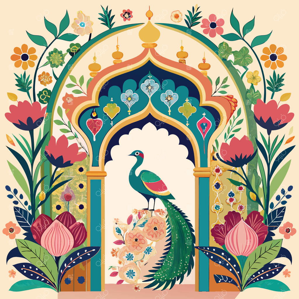 صحنه‌ای افسونگر از باغ با طاووس، طوطی و پرندگان دیگر در نقاشی آبرنگ